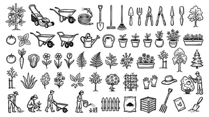 Fototapeta premium Gardening and horticulture tools, plants, and people icons with shovel, rake, watering can, wheelbarrow, potted plants, trees, and gardeners