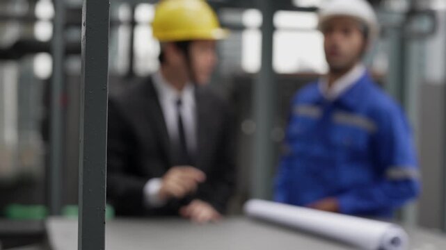 An Asian construction consultant in a suit and a technician in hardhats review MEP piping blue-prints and schematic drawings on an outdoor building site.