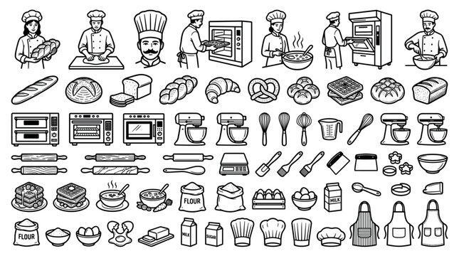 Bakery and pastry shop equipment, ingredients, and chefs line art icons with bread, oven, mixer, whisk, flour, eggs, milk, sugar