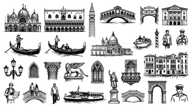 Venice Italy travel and tourism icons with St. Mark's Basilica, Doge's Palace, Rialto Bridge, gondolas, and vaporetto in a hand-drawn style