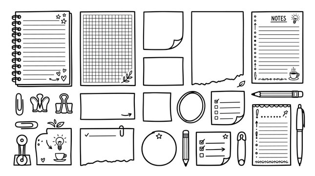 Creative office and school supplies with notebooks, paper clips, pencils, and multiple note sheets doodle icon set
