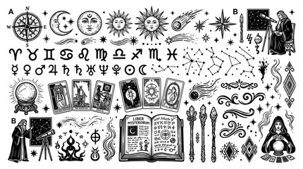 Obraz premium Mystical astrology and fortune telling icon set with sun, moon, stars, tarot cards, crystal ball, and zodiac signs