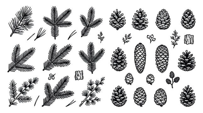 Winter holiday nature elements with pine tree branches, fir needles, and multiple pine cones in a hand-drawn sketch