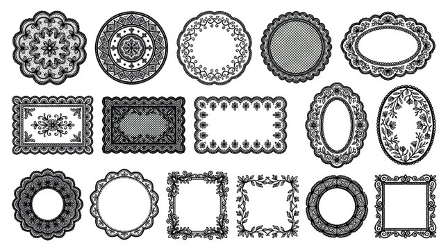 Elegant decorative lace frames and doilies icon set, with intricate floral and geometric patterns