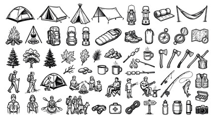 Fototapeta premium Outdoor camping adventure equipment and activities with tents, campfire, backpack, compass, and people, in a hand-drawn doodle icon set