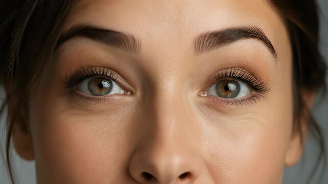 Extreme closeup of a woman with warm expressive hazel eyes, her face crinkling in a genuine smile. High definition detail capturing natural beauty and emotion for lifestyle video projects.
