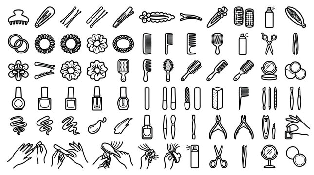 Beauty and personal care accessories with hair clips, combs, brushes, nail polish, and manicure tools line art icons