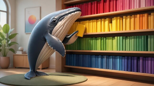 Meticulously detailed 3d humpback whale selecting a book from a vibrant rainbow colored bookshelf in a cozy modern home office, perfect for illustrating themes of education and imagination.
