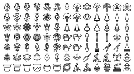 Fototapeta premium Gardening and horticulture tools, plants, and flowers icon set featuring watering cans, shovels, rakes, gloves, various trees, roses, tulips, and sunflowers in a clean line art style