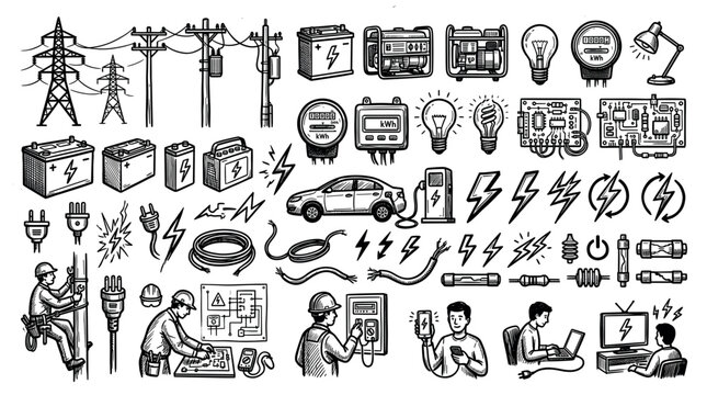 Electrical power and energy supply equipment with batteries, light bulbs, meters, and workers hand-drawn doodle icons icon set for engineering