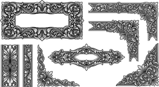 Luxury gothic baroque frame collection set with ornate vintage engraving borders corner accents and victorian filigree scrollwork vector elements