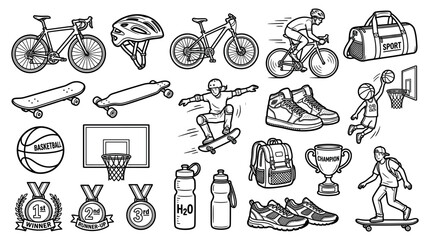 Obraz premium Sports and active lifestyle equipment with bicycles, skateboards, basketball gear, and medals line art icon set for athletic branding and fitness graphics