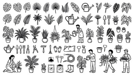 Fototapeta premium Home gardening and houseplant care equipment, tools, and people icons set, vector illustration for plant shop branding or creative digital projects