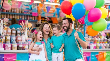 Naklejka premium Family smiles joyfully at colorful carnival fair. Bright balloons float above their happy faces. Sugar bins and flags decorate vibrant background. Perfect for birthday, holiday, or family fun themes