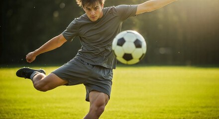 Naklejka premium Adolescent kicking soccer ball hard on green field, displaying focused power, dynamic motion during practice. Young player strikes football, demonstrates skill, agility.
