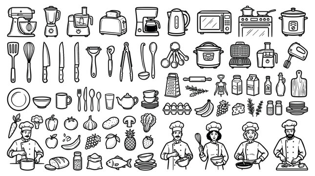 Kitchen cooking and food preparation equipment, utensils, ingredients, and chefs in a large icon set, perfect for culinary branding, restaurant menus, or educational cooking materials