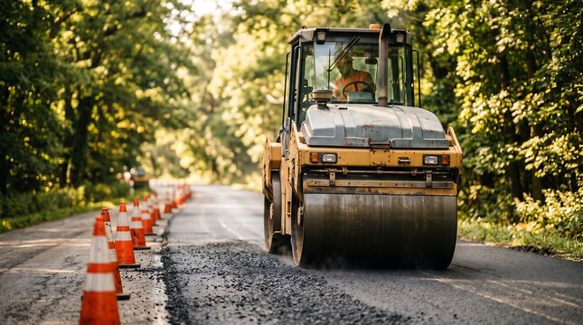 Yellow roller compacts fresh asphalt on a forest-lined road. Orange cones mark the work zone for safety. Bright sunlight filters through green trees overhead. Worker operates the heavy machinery