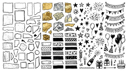 Obraz premium Creative craft and celebration doodle elements set with torn paper, crumpled foil, washi tape, stars, hearts, balloons, party hats, fireworks, champagne, cake, and gift boxes