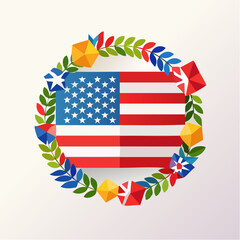 Fototapeta premium Vibrant American Flag graphic within a lush botanical wreath, accented with patriotic geometric decor, ideal for national celebrations and heritage themes