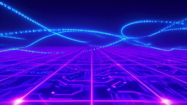 Digital datum stream matrix effect with glowing blue number stream, purple grid horizon, futuristic abstract technology background for SEO searchable video title