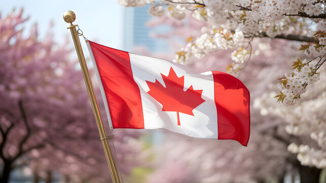 A Canadian flag on a flagpole, fluttering in a gentle breeze, surrounded by a soft-focus background of cherry blossom trees in full bloom, created with generative ai