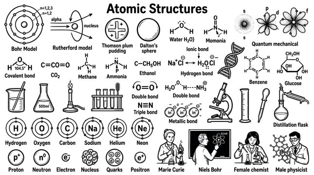 Science education and chemistry research icons featuring atomic structures, molecular bonds, laboratory equipment, and famous scientists in a detailed vector illustration