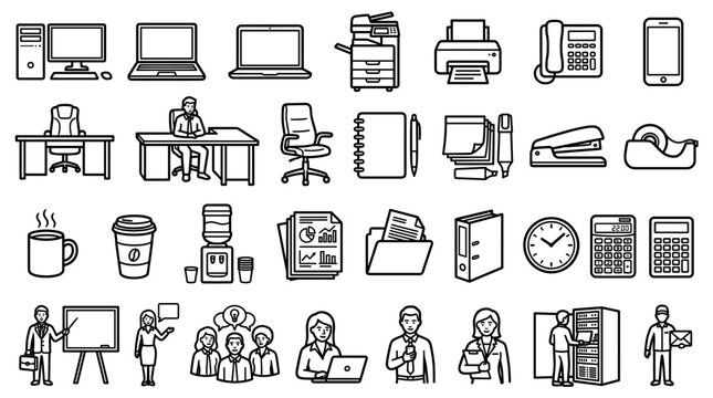 Office workplace equipment and business people computer desk printer phone coffee icons set, vector illustration for corporate branding and professional design projects