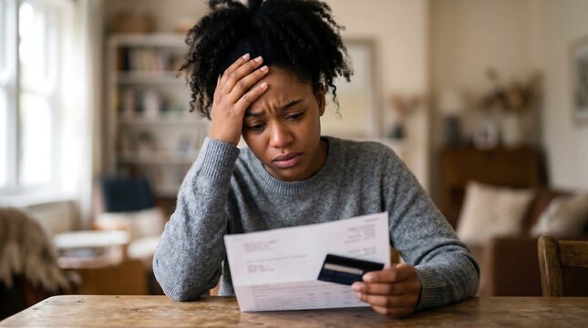 Woman holds bill and credit card, hand on head. Face shows stress, frustration, financial strain. Soft light, cozy room, wooden table. Perfect for budgeting, debt, financial struggles