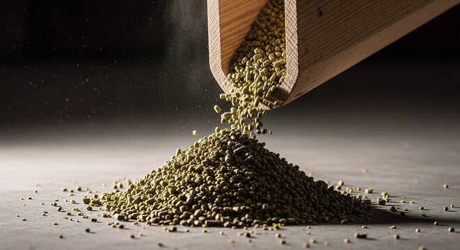 Alfalfa pellet production process showcasing raw green agricultural animal feed pouring from a wooden chute onto a dark surface for livestock nutrition
