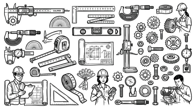 Engineering and manufacturing tools and equipment with calipers, micrometers, rulers, gears, and engineers in a detailed line art vector illustration for industrial design