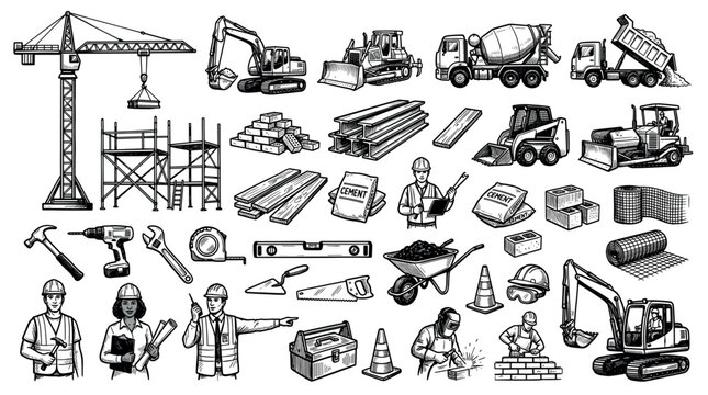 Construction site building equipment and worker tools with crane, excavator, cement truck, and various materials in a hand-drawn vector illustration set for engineering