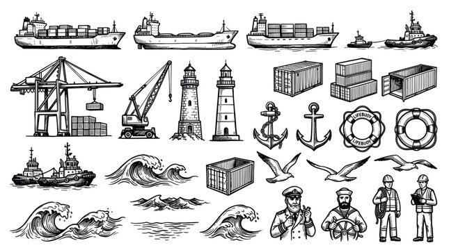 Maritime shipping and port logistics collection featuring cargo ships, containers, cranes, lighthouses, anchors, and sailors 