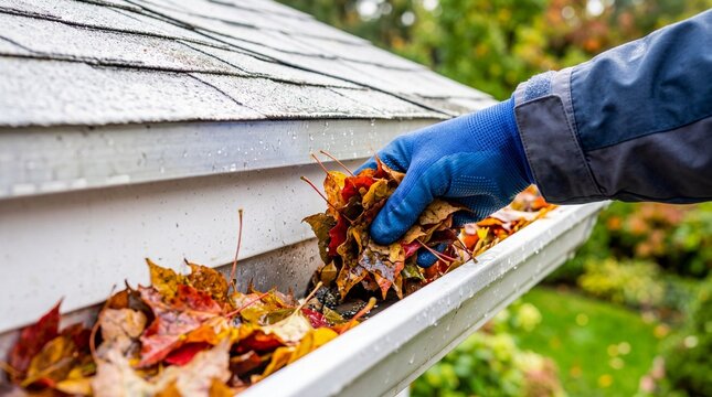 Close-up of gloved hands removing wet autumn leaves from a rain gutter near roof shingles, home maintenance and drainage cleaning concept.