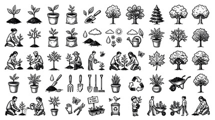 Obraz premium Gardening and planting icons featuring people, trees, plants, tools, and nature elements in a hand-drawn style for environmental and agricultural design projects