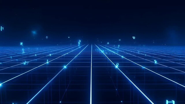 Digital datum stream matrix effect futuristic blue grid perspective abstract landscape with glowing lines and floating symbols over horizon and glowing background
