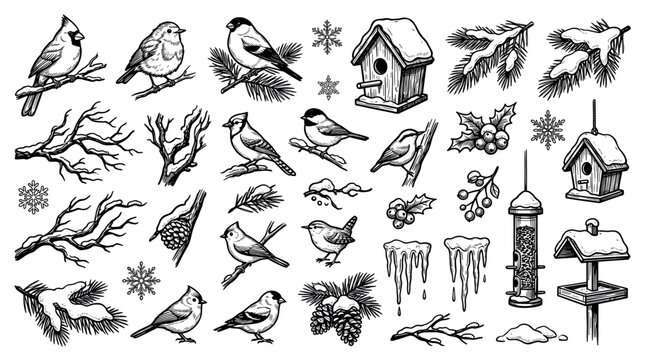 Winter birds and nature elements vector illustration set featuring various birds, branches, birdhouses, and snowflakes in a hand-drawn style for seasonal graphics 