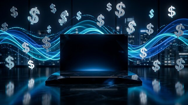 Laptop with glowing blue lines and dollar signs, cityscape background, at night computer money