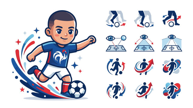 Flat vector illustration of a cute chibi male soccer player in a blue French national kit kicking a ball, featuring technical tactical coaching icons for dribbling and field vision.