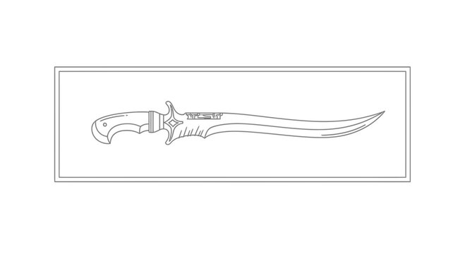 Ornate Curved Dagger Outline Illustration - Ancient Weapon Design