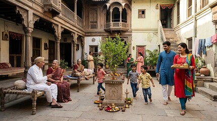 Fototapeta premium Traditional Courtyard Scene with Family and Elderly Guests