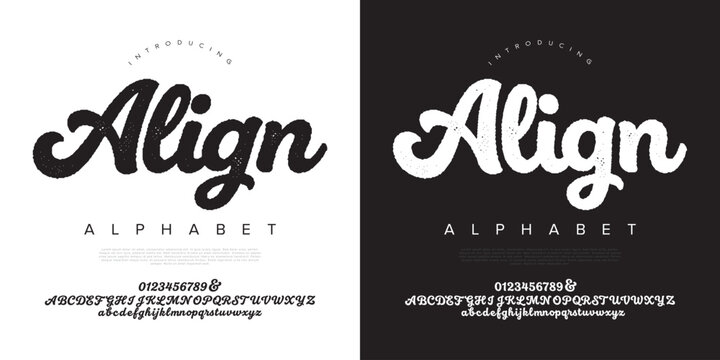 Align retro textured script font alphabet with numbers for vintage badge and outdoor adventure logo design