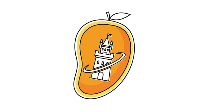 Mango Castle Logo: Fantasy Tower with Swirls Inside a Fruit Silhouette