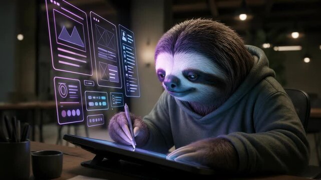 A sloth wearing a cozy hoodie working intently on a digital tablet with floating holographic design interfaces, creative office environment with warm bokeh lighting for a futuristic aesthetic.