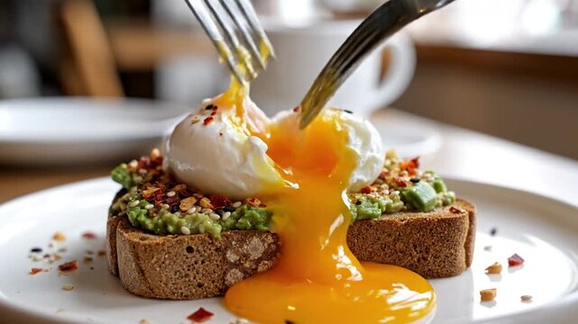 Cutting Into a Poached Egg on Avocado Toast with Runny Yolk Close-up