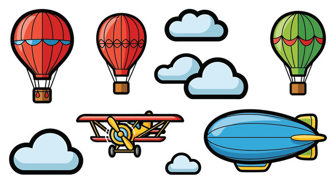 Vintage Cartoon Airplanes and Blimp.