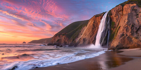 Fototapeta premium waterfall cascading on coastal cliffs at sunset isolated on transparent background