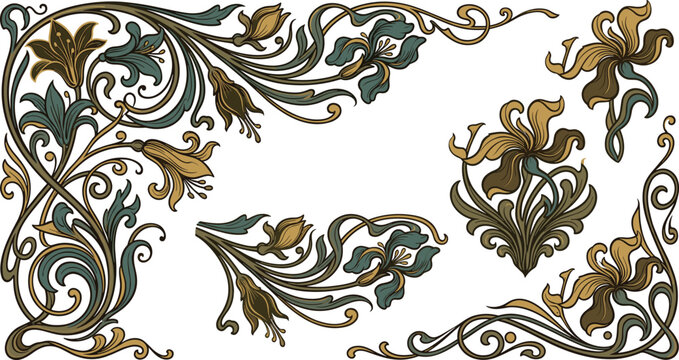 Vintage art nouveau floral borders and elegant corner elements set with lily flower scrolls for luxury certificate design vector illustration