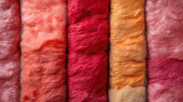 Close up of colorful fiberglass insulation batts showcasing their textured surface and vibrant gradient hues in a vertical arrangement for architectural or construction material display