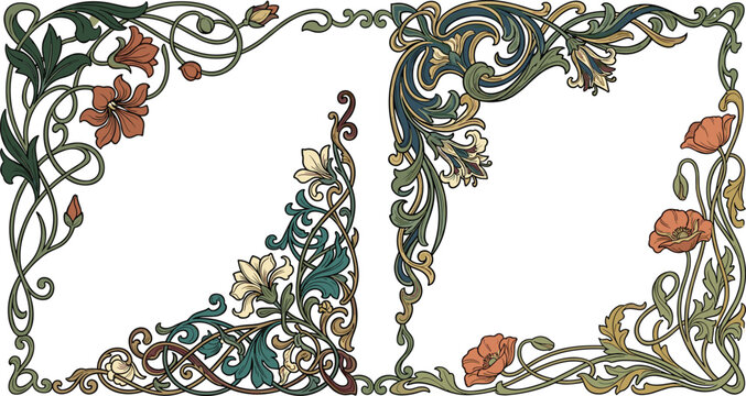 Vintage art nouveau frame borders and elegant corner elements set with botanical flower scrolls for luxury wedding invitation card vector