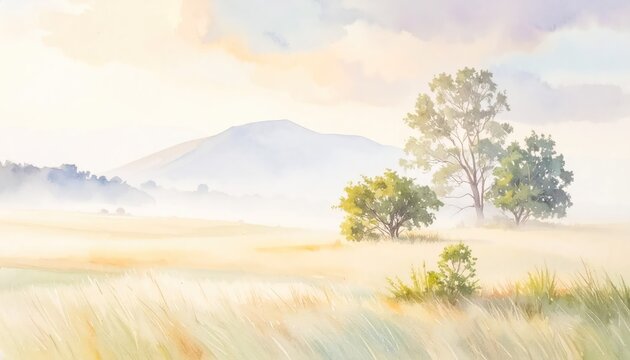 Watercolor landscape painting featuring trees mountain and field in soft colors